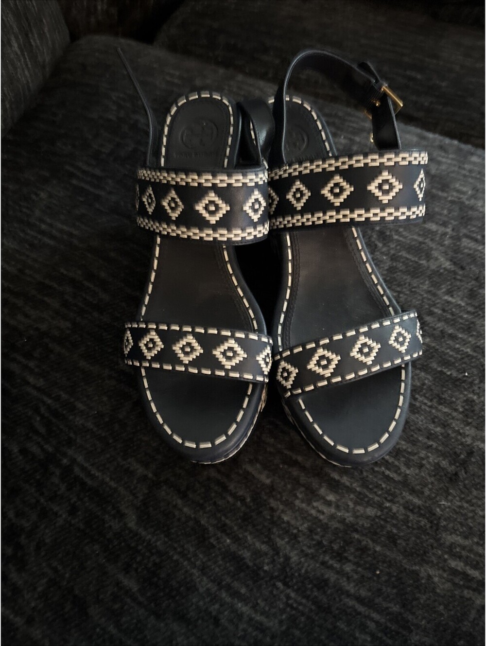 TORY BURCH Blue Reena platform embroidered leather wedge sandals size 8M [COPY]
